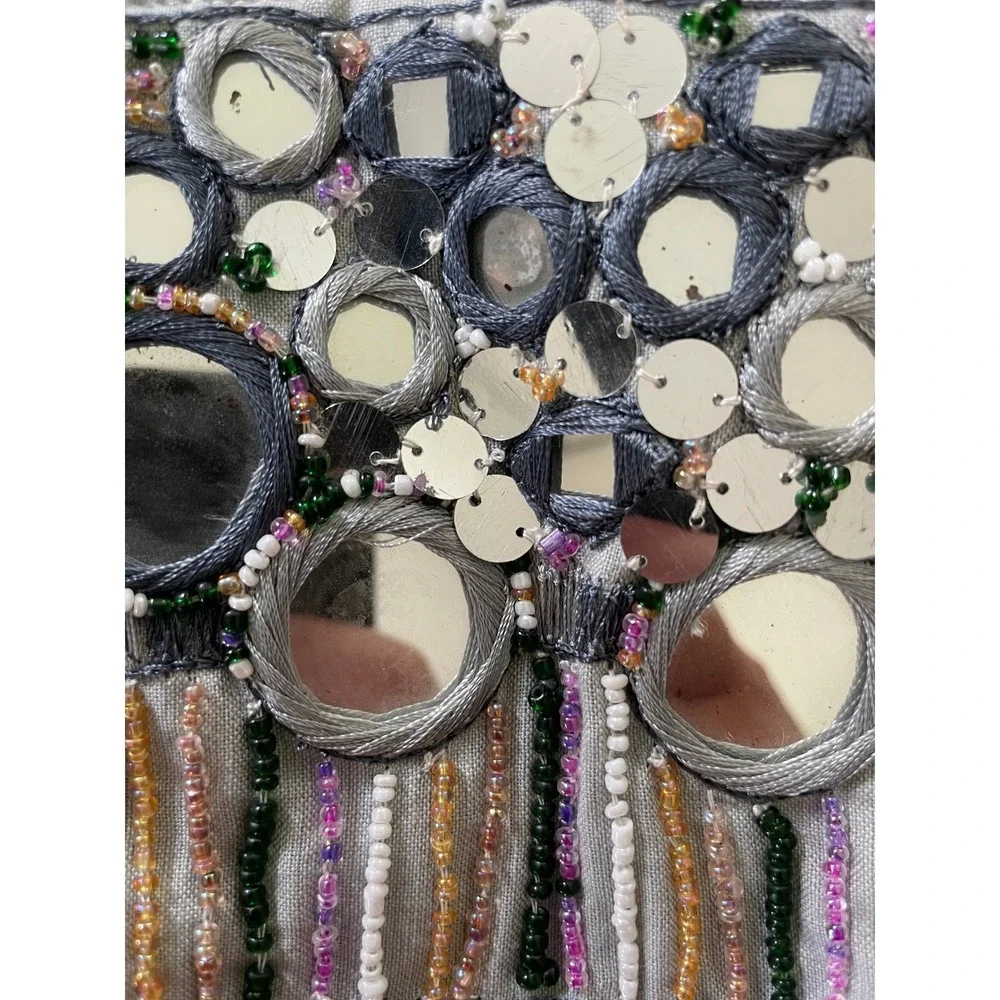 XOXO Vintage Y2K Boho Shisha Mirror Embellished Beaded Cotton Mini Tote Bag Gray - Picture 3 of 10